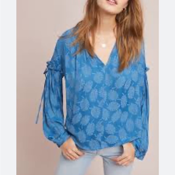Anthropologie Palm Beach Blouse Current Air Small NWT Blue Leaf Long Sleeve - Picture 2 of 16